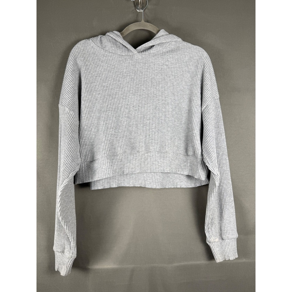 Alo Yoga Muse Ribbed Cropped Hoodie Womens Medium Heather Grey Athleisure